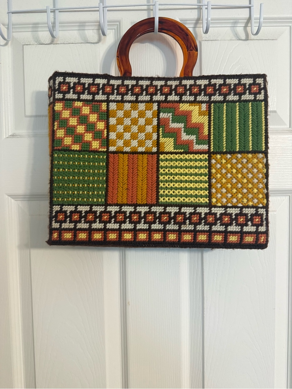 Green & Mustard Patchwork Tapestry Tote with Tortoiseshell Handles